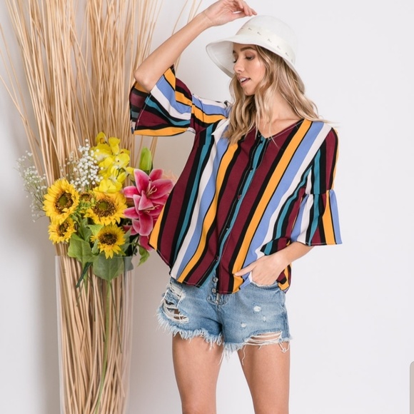 🔴5/$25 🎉HP🎉Multi Striped Bell Sleeve Blouse - Picture 3 of 8